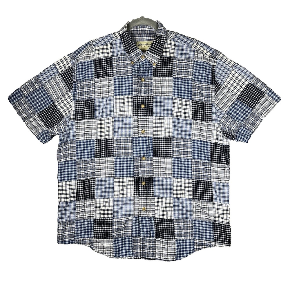 EDDIE BAUER MADRAS Mens Button Down Shirt Size LG Blue and White Patchwork Plaid